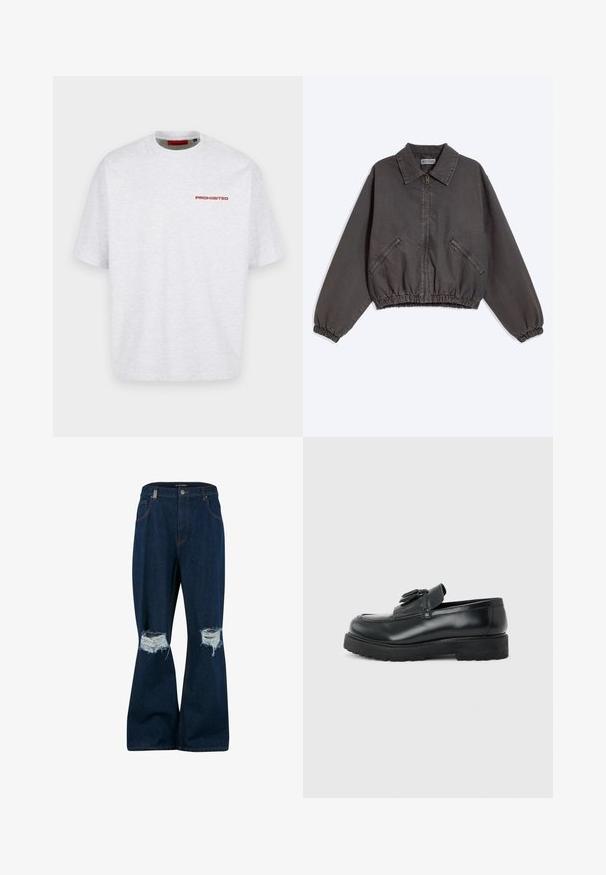 Veste zippée gris foncé avec col, deux poches latérales zippées, poignets et bas élastiques, posée à plat sur un fond clair.; T-shirt blanc uni à col rond avec manches courtes et petit texte rouge « PROHIBITED » sur la partie supérieure gauche de la poitrine.; 2Y Studios ANDUIN RIPPED BAGGY - Jean baggy - raw; Mocassin en cuir noir avec pampilles, semelle épaisse en caoutchouc et talon bas, présenté de profil sur un fond uni.