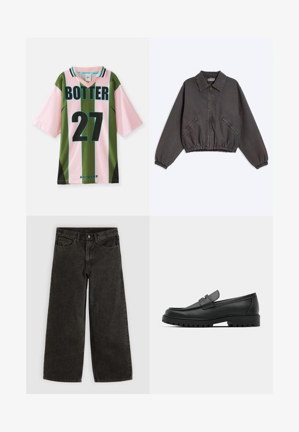 Chaqueta gris oscuro con cremallera y cuello, dos bolsillos laterales con cremallera y puños y dobladillo elásticos, puesta plana sobre un fondo claro.; Jersey a rayas verdes y rosas con escote en V, que presenta el número 27 en negro, "BOTTER" impreso arriba y "ANTWERP" en la parte inferior.; Pantalones vaqueros negros de pierna ancha con botón y cremallera delanteros, trabillas para el cinturón y cinco bolsillos, colocados planos sobre un fondo blanco.; Mocasines de cuero negro con punta redonda, que cuentan con un diseño cosido, suela de plataforma baja y una suela de goma texturada y con tacos.
