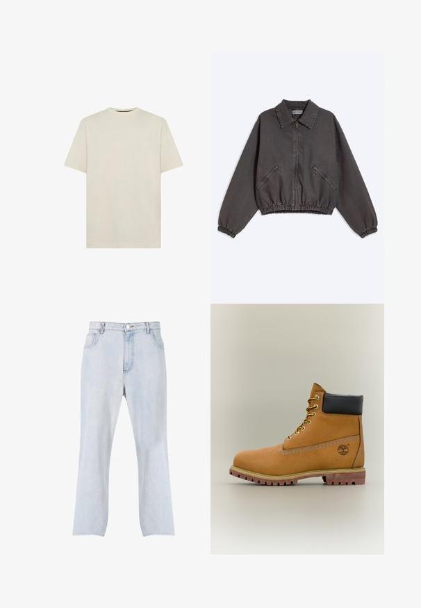 Donkergrijs jack met rits en kraag, twee ritssluitende zijzakken en elastische boorden en zoom, plat gelegd op een lichte achtergrond.; Lichte beige katoenen t-shirt met een klassieke ronde hals en korte mouwen. Eenvoudig, onversierd ontwerp. Zachte textuur, reguliere pasvorm.; Lichtblauwe spijkerbroek met rechte pijpen, vooraan knoop- en ritssluiting en ontwerp met vijf zakken.; Bruine leren enkellaars met zwarte kraag, gele veters en een zandkleurige zool. Voorzien van een logo en witte stikseldetails. Robuuste loopzool met grip.