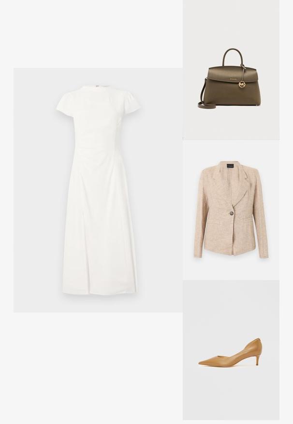 Veste beige texturée avec fermeture à un bouton foncé, revers crantés et deux poches avant, présentée sur un fond blanc.; Robe midi blanche à manches courtes avec un col montant et une taille cintrée, présentant une fente avant subtile sur un fond uni.; Escarpin en cuir marron à bout pointu avec un petit talon, présentant un design ajouré sur le côté pour plus de détails et une texture lisse.; Sac à main en cuir structuré vert olive avec poignées supérieures, longue bandoulière, fermeture à rabat et charm logo Michael Kors doré.