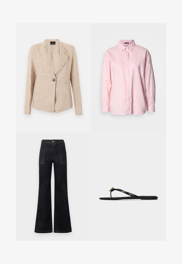 Beige tekstureret blazer med enkelt mørkt knaplukning, hakkede revers og to forlommer, vist på en hvid baggrund.; Lyserød skjorte med knapper fremme, lavet af hør, med krave, lange ærmer og diskret logo-broderi på brystet. Glat tekstur, afslappet pasform.; Bredde mørk denim jeans med høj talje, der har orange syninger og to forlommer. Glat tekstur, ren finish, klassisk design.; Sort flad thong-sandal med flere tynde stropper og en lille guldfarvet dråbeformet dekoration på den forreste rem.
