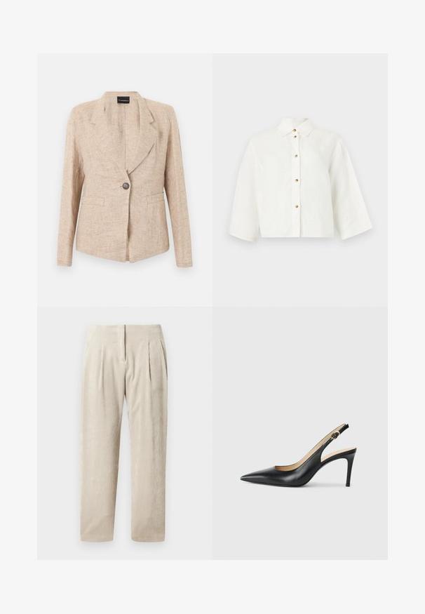 Veste beige texturée avec fermeture à un bouton foncé, revers crantés et deux poches avant, présentée sur un fond blanc.; Chemise blanche courte boutonnée avec manches larges et col classique sur fond neutre.; Pantalons en velours côtelé beige avec des côtes verticales, dotés de deux plis avant, d'une coupe ajustée et d'un design à jambe droite.; Escarpins en cuir noir avec une pointe fine, une bride ajustable et un talon aiguille élégant, présentant une finition lisse.