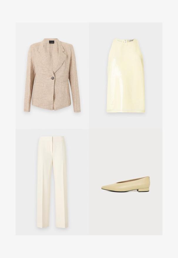 Veste beige texturée avec fermeture à un bouton foncé, revers crantés et deux poches avant, présentée sur un fond blanc.; Haut sans manches de couleur jaune clair avec une texture lisse, doté d'un panneau brillant à l'avant et d'une petite fermeture éclair au dos.; Pantalon droit sur mesure couleur blanc cassé avec pli avant, ceinture et fermeture avant dissimulée sur un fond uni.; Chaussure femme en cuir beige avec talon bas, bout pointu et design minimaliste, présentée de profil sur un fond uni.