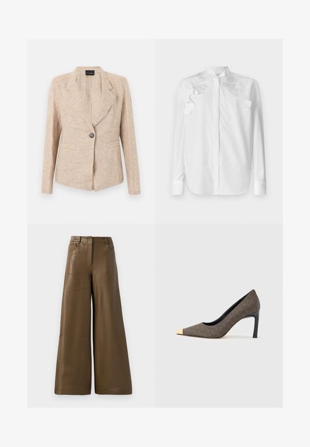 Beige textuurblazer met enkele donkere knoopsluiting, revers met inkeping en twee voorzakken, getoond op een witte achtergrond.; Witte lange mouwen shirt van katoen met een Mandarin kraag. Kenmerkt zich door gelaagde volants op de schouders en een knoopsluiting aan de voorkant.; Brede broek van glad, bruin faux leder. Heeft een hoge taille, vier zakken en een rits aan de voorkant. Voorzien van een vlakke textuur en minimalistisch design.; Puntschoen met hoge hak in bruin met patroon, voorzien van een metalen gouden neuskap en een zwarte naaldhak voor extra lengte.