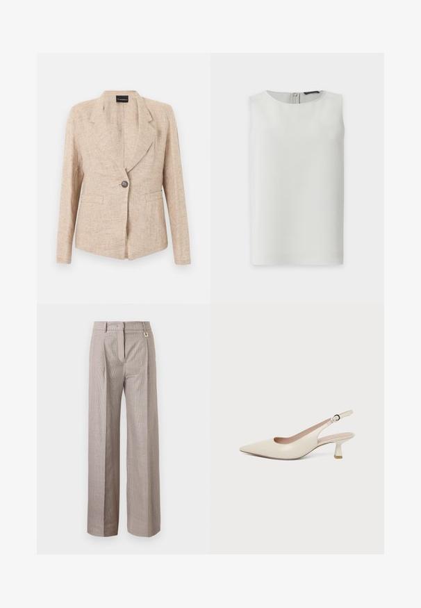 Veste beige texturée avec fermeture à un bouton foncé, revers crantés et deux poches avant, présentée sur un fond blanc.; Blouse blanche sans manches avec encolure ronde et fermeture éclair visible dans le dos, présentée sur fond blanc uni.; Pantalon taille haute à jambes larges avec un motif à carreaux beige et marron, plis sur le devant, passants pour ceinture, et fermeture avant dissimulée.; Chaussure slingback couleur crème à bout pointu avec un petit talon bas incurvé et une bride réglable à boucle.