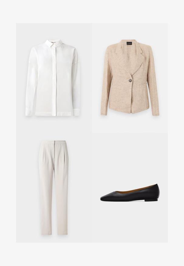 Veste beige texturée avec fermeture à un bouton foncé, revers crantés et deux poches avant, présentée sur un fond blanc.; Chemise blanche à manches longues avec un col boutonné, texture lisse, coupe droite et patte de boutonnage cachée. Tissu doux et léger sans motifs.; Pantalons beiges ajustés en tissu lisse et mat. Présentent des plis à l'avant et une taille ajustée, avec des jambes droites et slim.; Chaussure plate en cuir noir à bout pointu avec talon bas et finition lisse, vue de côté sur un fond gris clair.