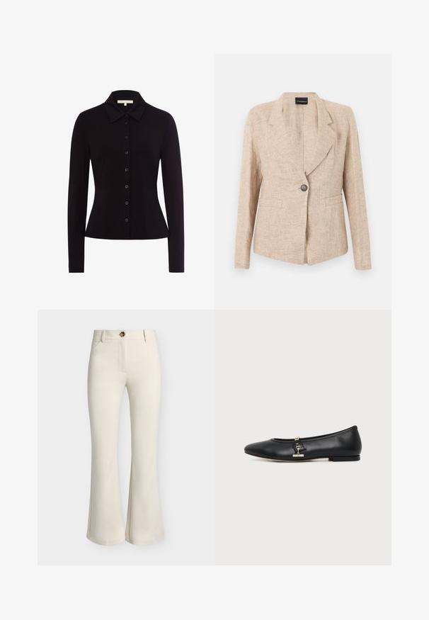 Beige textuurblazer met enkele donkere knoopsluiting, revers met inkeping en twee voorzakken, getoond op een witte achtergrond.; Zwarte lange mouwen shirt met een kraagnek, met een knoopsluiting aan de voorkant en een getailleerde vorm, gemaakt van een gladde stof.; Beige, hoge taille broek met voorzakken, knoopsluiting en licht uitlopende pijpen op een effen achtergrond.; Zwarte leren platte schoen met afgeronde neus en klein gouden gespsdetail aan de zijkant, getoond op een eenvoudige lichte achtergrond.