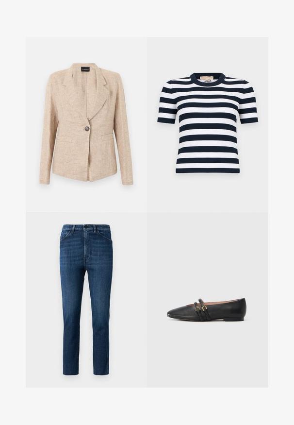Veste beige texturée avec fermeture à un bouton foncé, revers crantés et deux poches avant, présentée sur un fond blanc.; Haut à manches courtes en maille côtelée avec des rayures horizontales bleu marine et blanches et un col rond.; Jeans bleu ajustés avec un design classique à cinq poches et fermeture à bouton, présentant une légère décoloration et une coupe droite épurée.; Chaussures plates en cuir noir avec un bout pointu, dotées de deux brides noires avec des accents en métal doré. Texture lisse et talon bas.