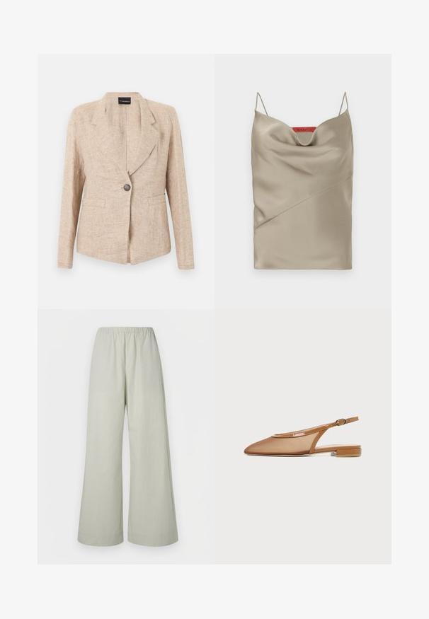 Beige tekstureret blazer med enkelt mørkt knaplukning, hakkede revers og to forlommer, vist på en hvid baggrund.; Satin cami i lys taupe med en draperet halsudskæring, tynde justerbare stropper og skrå sømdetaljer. Mærketikette i rød på bagsiden.; Lysegrønne vidde bukser med en elastisk talje, lavet af et tekstureret stof uden synlige beslag eller mønstre.; Brun slingback flad sko med spids tå, tynd rem med spænde og lav blokhæl på hvid baggrund.