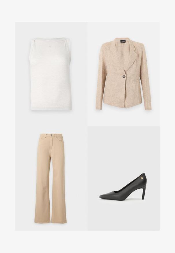 Veste beige texturée avec fermeture à un bouton foncé, revers crantés et deux poches avant, présentée sur un fond blanc.; Haut sans manches gris clair en tissu doux, présentant un design simple avec un décolleté rond et des détails de couture subtils sur les épaules.; Pantalon beige taille haute, jambes larges, fermeture à boutons devant, poches avant et arrière, présenté sur fond blanc.; Escarpin haut à talon en cuir verni noir avec un bout pointu, mettant en avant un petit accent logo doré au niveau du talon. Texture lisse, design épuré.