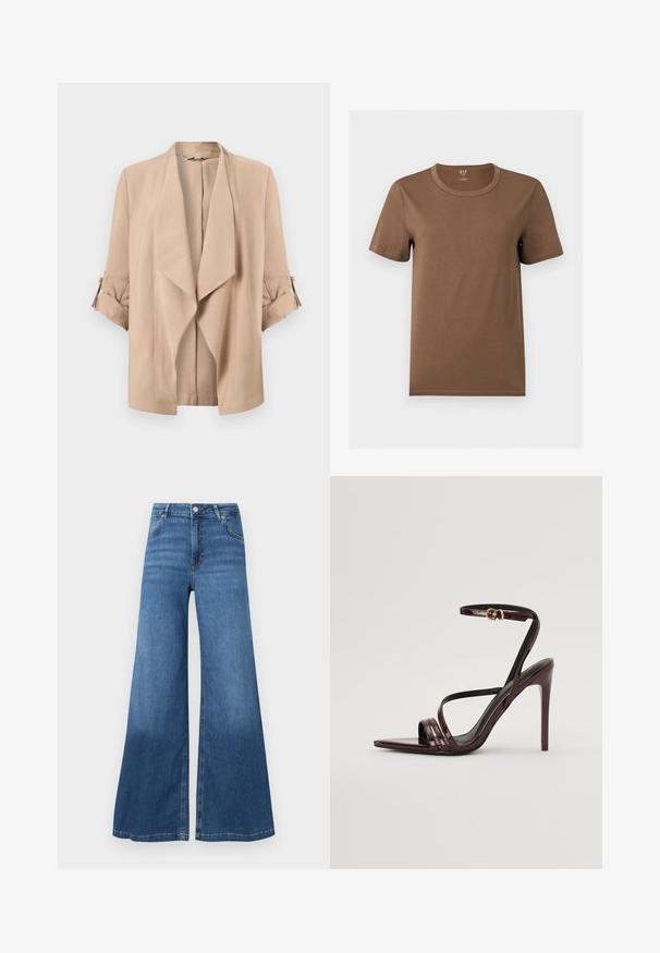 Beige jakke med åben front, vandfaldsklapper og trekvartærmer med opkørte manchetter og knapstropper.; Brun kortærmet bomulds-T-shirt med rund halsudskæring, ensfarvet design og GAP-logo indeni kraven.; Bredde bukser i blå denim med høj talje, forlommer og en ren søm. Ingen synlige mønstre eller pyntegeler.; Bordeaux laker læder højhælede sandal med ankelrem, spids tå og tre vandrette remme over foden. Detalje med spænde i guldtonet.
