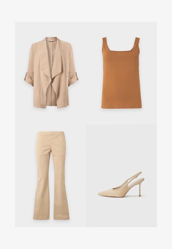 Veste beige à ouverture devant avec revers cascade et manches trois-quarts dotées de poignets retroussés et pattes boutonnées.; Débardeur marron sans manches avec un col carré. Confectionné dans un tissu doux et extensible, doté de coutures nettes et d'une texture uniforme.; Pantalon beige à jambes larges avec devant plat et sans fermetures visibles, présenté sur un fond clair uni.; Escarpins slingback beiges à bout pointu, fabriqués dans un matériau texturé, avec un talon fin et une sangle ajustable.