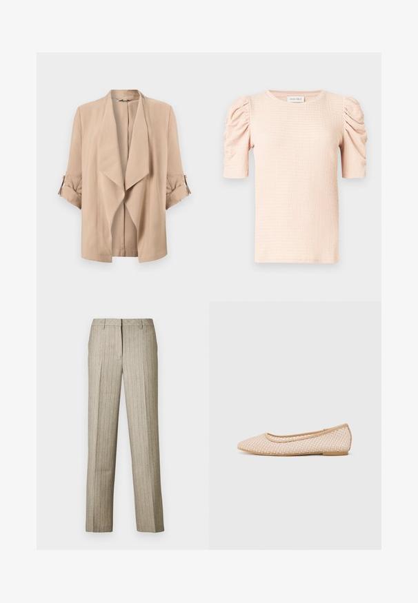 Beige jakke med åben front, vandfaldsklapper og trekvartærmer med opkørte manchetter og knapstropper.; Lyserød bluse med korte ærmer og puffede skuldre, tekstureret stof og rund halsudskæring. Mærket lyder "ANNA FIELD."; Beige bukser med nålestriber og et lige ben-design, der har en struktureret linning og en subtil tekstur i hele stoffet.; Balletflade med spids tå, lavet af vævet beige materiale, med en fleksibel sål og en glat kant.