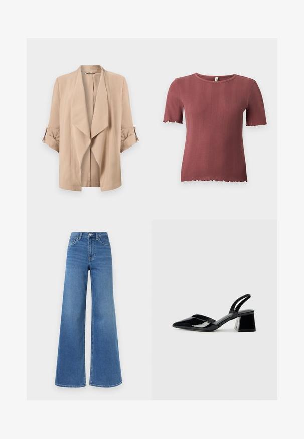 Veste beige à ouverture devant avec revers cascade et manches trois-quarts dotées de poignets retroussés et pattes boutonnées.; Haut à manches courtes en tricot côtelé couleur rose poussiéreux, à col rond et bordure subtile ondulée aux manches et à l'ourlet.; Jean en denim bleu taille haute avec jambes larges, fermeture avant à boutons et fermeture éclair, ainsi que poches avant et arrière.; Escarpins en cuir verni noir avec bout pointu et talon bloc géométrique. Présente un design élégant et minimaliste ainsi qu'une texture lisse.