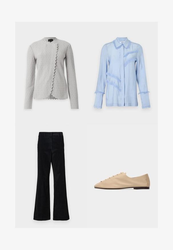 Veste à manches longues gris clair texturée, à motif vertical ondulé et bord avant asymétrique festonné, exposée sur fond blanc.; Blouse bleu clair à manches longues avec des franges le long du col, des poignets, sur le devant de la poitrine et des lignes diagonales sur le côté gauche.; Pantalons évasés en velours côtelé noir avec des côtes verticales, dotés d'une taille et de poches latérales, conçus pour une coupe décontractée.; Chaussure plate en cuir beige avec bout pointu arrondi, petit talon et détail à lacets le long du bord supérieur sur fond blanc.