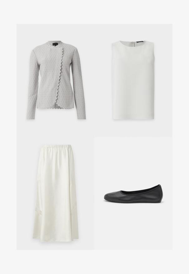 Veste à manches longues gris clair texturée, à motif vertical ondulé et bord avant asymétrique festonné, exposée sur fond blanc.; Blouse blanche sans manches avec encolure ronde et fermeture éclair visible dans le dos, présentée sur fond blanc uni.; Longue jupe blanche avec taille élastique et inserts subtils en dentelle sur les côtés inférieurs, présentée sur un fond uni.; Ballerines en cuir noir avec un bout rond, texture lisse, détails de couture minimalistes et design de semelle flexible.