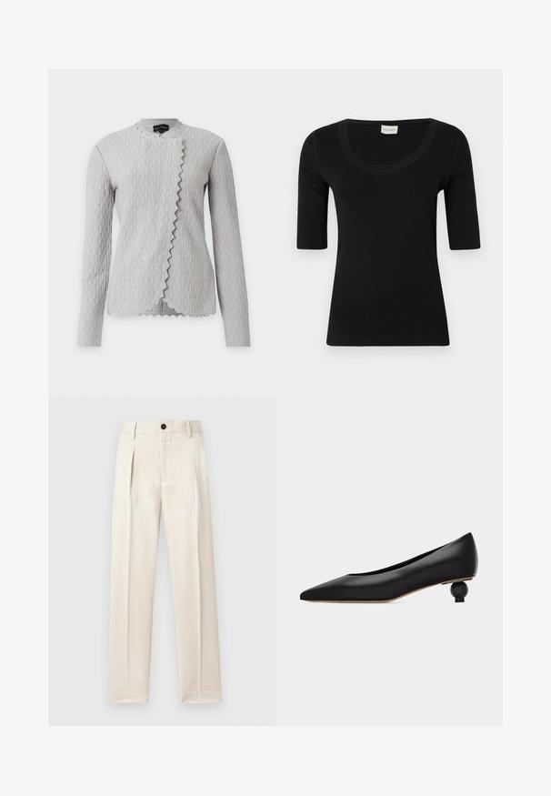Veste à manches longues gris clair texturée, à motif vertical ondulé et bord avant asymétrique festonné, exposée sur fond blanc.; T-shirt noire à manches courtes et col rond en tissu lisse, de coupe ajustée, sans motifs ni détails métalliques visibles.; Pantalon beige en tissu léger, avec un devant plissé, une fermeture à un bouton et des jambes droites. Texture lisse.; Chaussure noire à bout pointu avec un talon bas unique sculpté en forme ronde et une tige en cuir lisse, vue de profil sur un fond blanc.