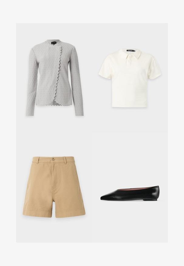 Lichtgrijs, gestructureerd lang mouw jasje met golvend verticaal patroon en geschulpte asymmetrische voorkant, weergegeven op een witte achtergrond.; Wit poloshirt met korte mouwen, twee knopen en een kraag, weergegeven op een effen lichte achtergrond.; Beige katoenen shorts met een klassiek ontwerp, voorzien van een sluiting met een voorknop en riemlussen. Glad van textuur met zijzakken.; Zwarte leren damesschoen met platte zool, puntige neus en lage hak, zijwaarts afgebeeld tegen een effen lichtgrijze achtergrond.
