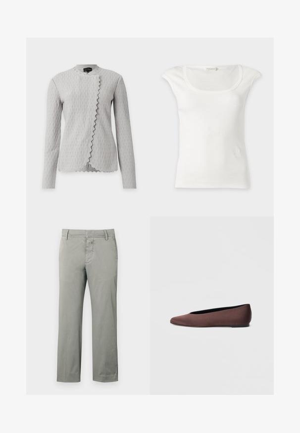 Veste à manches longues gris clair texturée, à motif vertical ondulé et bord avant asymétrique festonné, exposée sur fond blanc.; Haut blanc sans manches côtelé avec un col rond et de petites épaulettes, présenté sur un fond clair uni.; Chinos gris clair en coton, avec une coupe droite, des passants pour ceinture, des poches avant, et une braguette zippée avec fermeture par bouton.; Ballerines en tissu marron avec un bout pointu et une texture lisse, dotées d'un talon bas et d'une fine semelle noire. Aucune motif ni élément métallique visible.