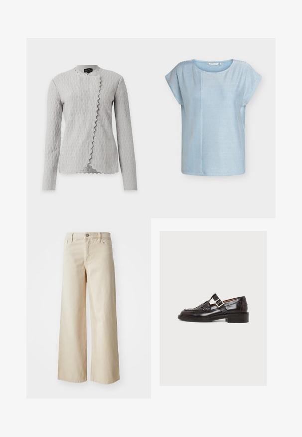 Lichtgrijs, gestructureerd lang mouw jasje met golvend verticaal patroon en geschulpte asymmetrische voorkant, weergegeven op een witte achtergrond.; Lichtblauw, casual, kortärmlig shirt met fijne verticale en horizontale strepen en een ronde hals, maat small.; Beige wijdvallende jeans van denim, met een hoge taille, knoopsluiting, riemlussen en zijzakken. Gladde textuur en relaxed fit.; Donkerbruine leren loafer met een decoratieve band en gouden gesp, lage hak en gestikte details langs de bovenkant.