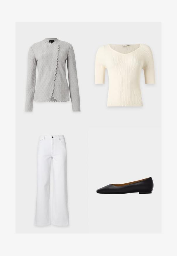 Veste à manches longues gris clair texturée, à motif vertical ondulé et bord avant asymétrique festonné, exposée sur fond blanc.; Haut court à manches courtes en maille côtelée crème avec col en V et silhouette ajustée, présenté sur un fond uni.; Jean en denim blanc taille haute avec fermeture à bouton et zip, poches avant et jambes larges.; Chaussure plate en cuir noir à bout pointu avec talon bas et finition lisse, vue de côté sur un fond gris clair.