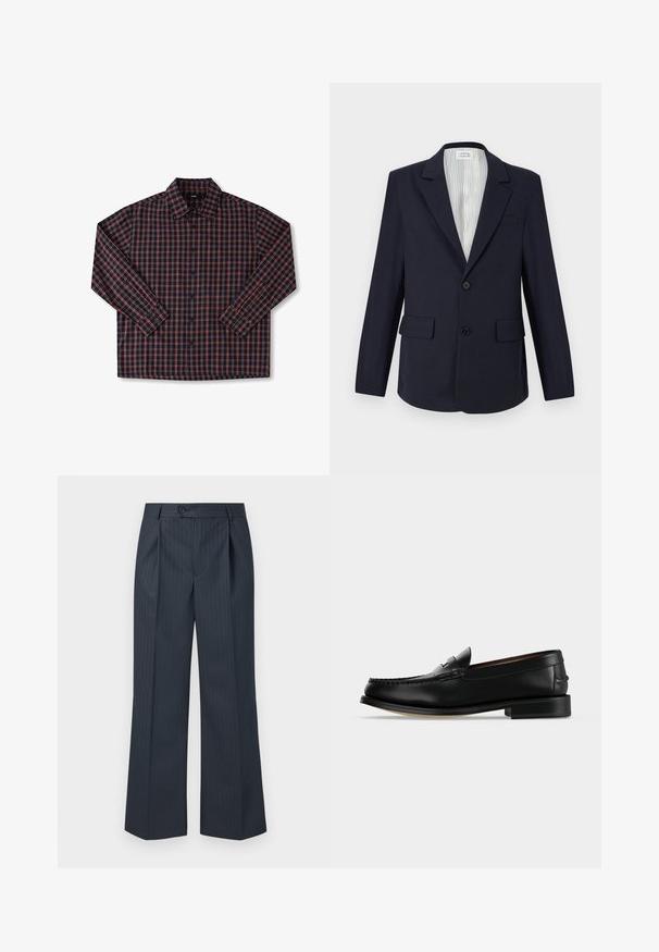 Marineblazer aus gewebtem Stoff, mit Reverskragen, zwei Fronttaschen, einem Knopfverschluss und gestreiftem Innenfutter.; Herren Langarmshirt mit navyblauem Grund und rot-weißer karierter Musterung, Knopfleiste und klassischem Kragen. Aus Baumwollstoff.; Marineblau gestreifte weit geschnittene Hose mit vorderen Falten, einem einzelnen Knopfverschluss und glattem Stoff. Mit vertikalen grünen Nadelstreifen als Detail.; Schwarzer Leder-Herrenschuh (Loafer) mit niedrigem Absatz und Mokassin-artiger Naht am Zehenbereich, seitlich auf einfarbigem Hintergrund dargestellt.