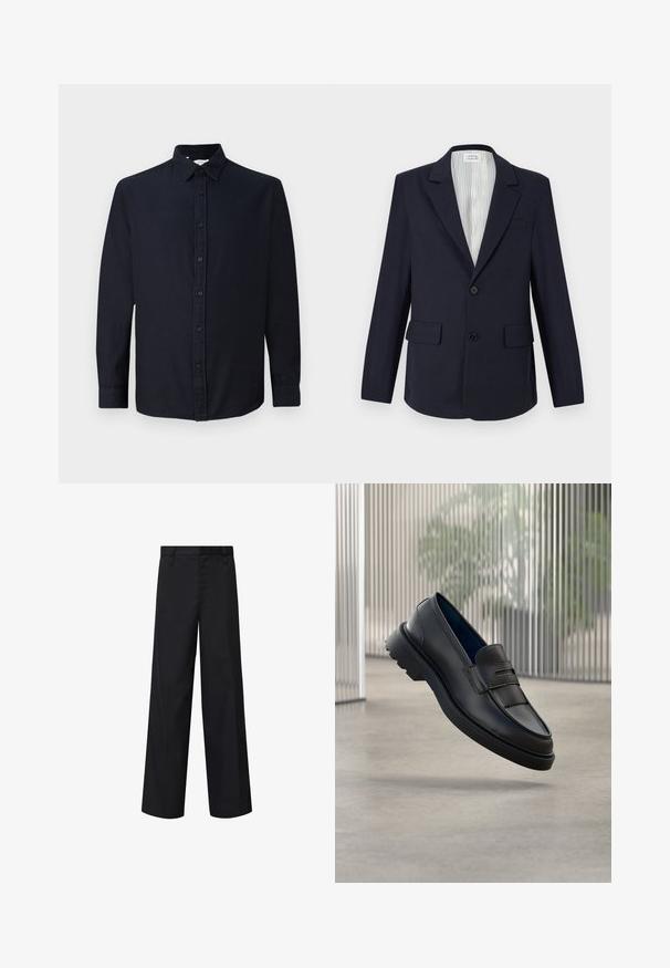 Blazer azul marino hecho de tela tejida, con solapa de muesca, dos bolsillos frontales, cierre de un botón y forro interior a rayas.; Camisa de botones de manga larga en azul marino oscuro con cuello y puños, mostrada plana sobre un fondo claro y sencillo.; Pantalones de pierna ancha negros, confeccionados en una tela suave con un corte recto. Presentan una parte delantera plana, trabillas para cinturón y bolsillos laterales.; Mocasines de cuero negro con acabado liso, que presentan una correa decorativa y un panel texturizado en la parte delantera, y una suela de goma texturizada.