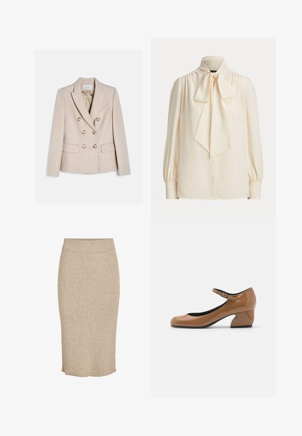 Beige dobbeltradet blazer med seks knapper, notch revers, to klaplommer og en brystlomme, vist på hvid baggrund.; Langærmet bluse i cremefarve med høj krave og stor bundet sløjfe ved halsen, med rynkede skuldre og knapmanchetter.; Strik nederdel i en lys beige farve med lodret ribbestruktur, knælang med elastisk talje og lige skæring.; Brun laklæder Mary Jane sko med rund tå, ankelrem og en distinkt vinkelblokeret hæl. Glat tekstur, minimalistisk design.