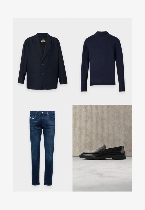 Dunkelblazer in Marineblau mit zwei vorderen Knöpfen, Reverskragen und zwei Paspeltaschen, mit dem Label Drykorn am inneren Kragen.; Navy gestrickter Pullover mit hohem Kragen, langen Ärmeln und gerippten Bündchen. Mit subtiler Markenlogo auf der Brust. Glatte Textur.; Dunkelblaue Slim-Fit-Jeans für Herren mit fünf Taschen, Knopfverschluss und dezenten Verwaschungen an Oberschenkeln und Knien.; Schwarzer, polierter Lederloafer, der über einem beigen Teppich schwebt, mit orangener, durchscheinender Möbel im Hintergrund.