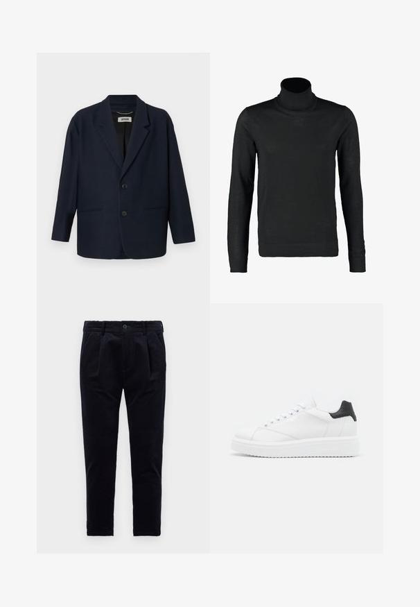 Tummansininen bleiseri, jossa on kaksi etunappia, hapsureunat ja kaksi povitaskua, sisäkauluksessa on Drykorn-tunnus.; Lindbergh ROLL NECK - Neule - black; Tummansinisiä housuja, jotka on valmistettu teksturoidusta kankaasta. Niissä on napp closure, laskokset ja joustava vyötärö mukavuutta varten. Suora lahje.; Valkoinen nahkakenkä mustalla kantapäällä, tasaiset nauhat, teksturoitu välikenkä ja brändäys ulkosivulla. Suunniteltu arkikäyttöön.