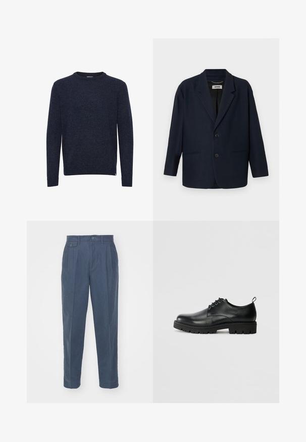 Donkerblauwe blazer met twee knopen aan de voorkant, notch revers en twee paspelzakken, gelabeld Drykorn op de binnenste kraag.; Donkerblauwe trui met lange mouwen en ronde hals, eenvoudig ontwerp, geen zichtbare patronen of logo’s, getoond op een witte achtergrond.; Only & Sons ONSPALE NEW LOOSE PANT - Broek - dark slate; Zwarte lederen schoen met een ronde neus, voorzien van een vetersluiting, stevige zwarte rubberen zool en een klein hieltabje aan de achterkant.