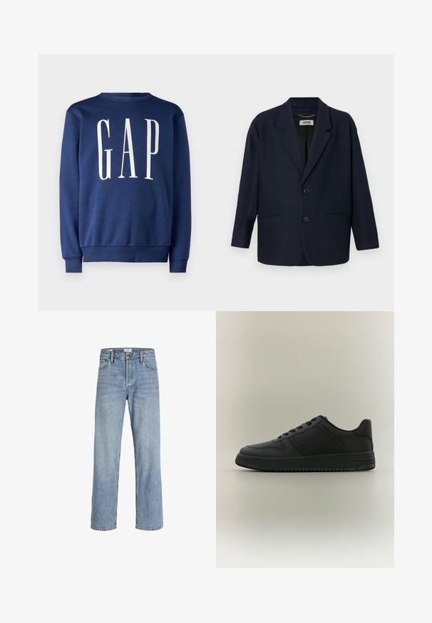 Blazer bleu marine foncé avec deux boutons à l'avant, revers crantés et deux poches passepoilées, étiqueté Drykorn à l'intérieur du col.; GAP Sweatshirt - blue shade; Jean en denim bleu clair avec une coupe droite, taille haute, style cinq poches et décoloration légère, avec fermeture à bouton en métal.; Baskets basses noires avec panneaux texturés, fermeture à lacets et semelle épaisse sur un fond gris neutre.
