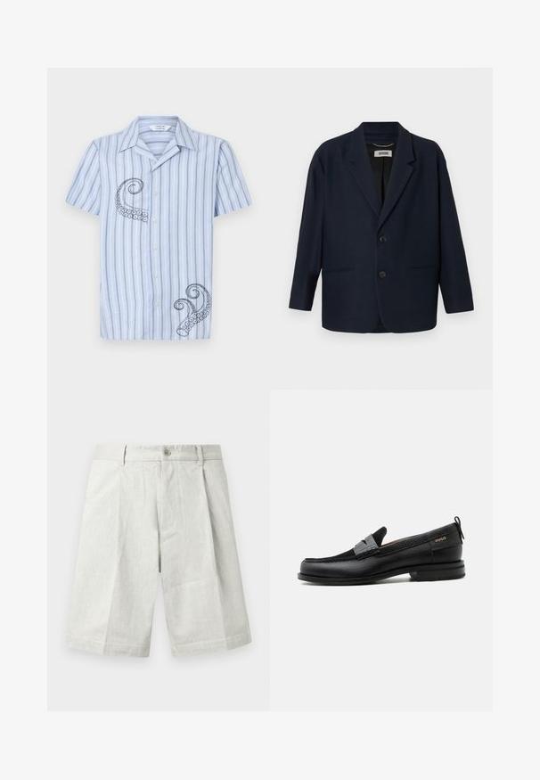 Mørk marineblå blazer med to frontknapper, notch lapeller og to paspolerede lommer, mærket Drykorn på indersiden af kraven.; Kortærmet, lyseblå stribet skjorte med sort blæksprutte broderi på venstre side og knaplukning fortil.; Lysegrå shorts lavet af tekstureret stof med knaplukning, plisseringer og lige snit, velegnet til afslappet brug.; Sort læderloafer med grå remdetalje, lav hæl og tekstureret sål, mærket med "HUGO" i guld på siden.