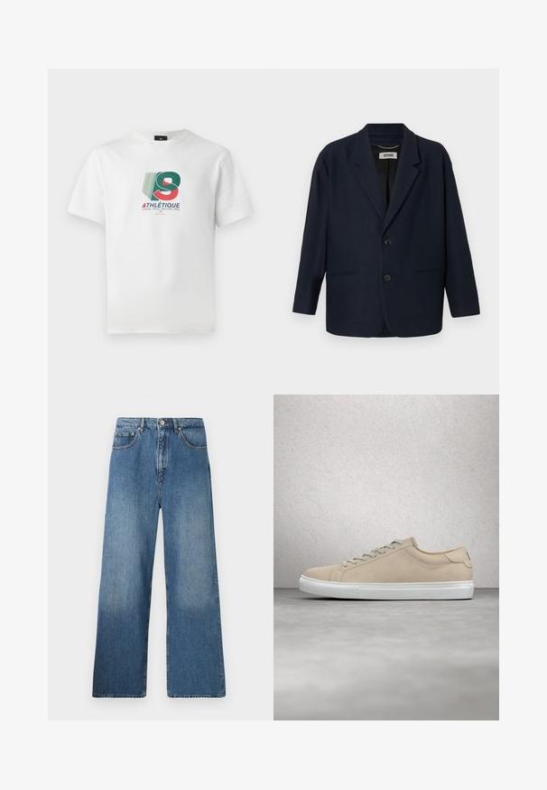 Donkerblauwe blazer met twee knopen aan de voorkant, notch revers en twee paspelzakken, gelabeld Drykorn op de binnenste kraag.; Witte katoenen T-shirt met een kleurrijk grafisch ontwerp met de tekst "ATHLÉTIQUE" en stadsnamen in rode, groene en blauwe accenten.; Lange blauwe denim jeans met een klassiek vijf-pocket ontwerp, voor sluiting met een knoop en een lichte vervaging voor textuur.; Beige suède sneaker met een ronde neus, witte rubberen zool en bijpassende veters. Minimalistisch ontwerp met subtiele stiksels.