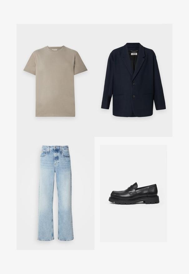 Mørk marineblå blazer med to frontknapper, notch lapeller og to paspolerede lommer, mærket Drykorn på indersiden af kraven.; Kortærmet t-shirt i lys beige bomuld, med rund halsudskæring, enkelt design og glat tekstur uden synlige mønstre eller detaljer.; Lysblå vide jeans med høj talje, der har en falmet finish, bæltestropper og klassisk fem-lomme design. Kantene er rå.; Sort læderloafer med tyk rillede sål og penny-remdetalje, vist i højre sideprofil på hvid baggrund.