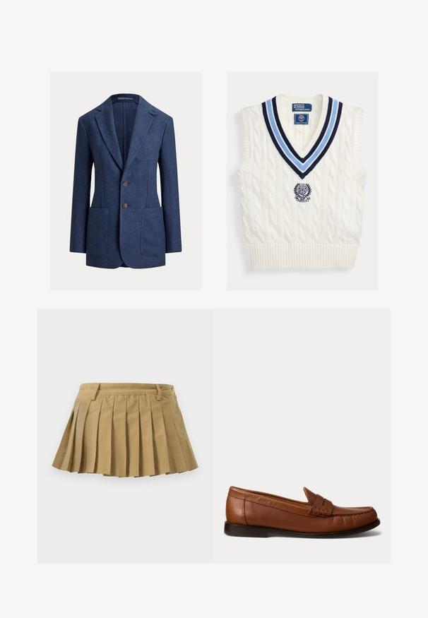Marineblauer taillierter Blazer mit Kerb-Revers, zwei vorderen Knöpfen, aufgesetzten Taschen und einer Brusttasche aus strukturiertem Stoff.; Weißes ärmelloses Strickwest mit Kabelmuster, blau gestreifter V-Ausschnitt und Polo Ralph Lauren Wimbledon-Logo auf der Brust.; Plissierter Rock aus beige Stoff, mit einem figurschmeichelnden Taillenbund, mehreren Falten und einem geraden Saum. Keine sichtbaren Verschlüsse oder Akzente.; Brauner Lederloafer mit niedrigem schwarzem Absatz, Moc-Toe-Naht und einem dekorativen Riemen oben, vor weißem Hintergrund gezeigt.