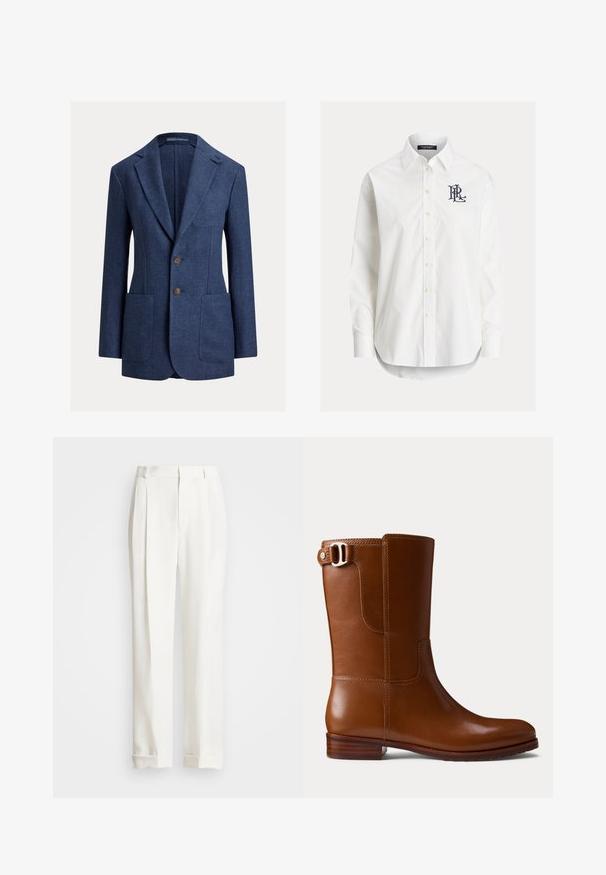 Blazer bleu marine ajusté avec revers crantés, deux boutons devant, poches plaquées et une poche poitrine, en tissu texturé.; Chemise blanche à manches longues boutonnée avec col pointu et logo noir brodé sur la poitrine gauche.; Pantalons blancs ajustés avec deux plis avant, coupe droite et ourlets repliés. Fabriqués en tissu lisse, présentant un design classique.; Bottine en cuir marron à finition lisse, bout arrondi et boucle décorative sur le côté. Caractérisée par un petit talon en bois et des détails de couture minimalistes.