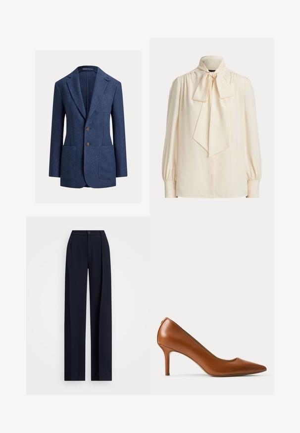 Blazer entallado azul marino con solapas con muesca, dos botones delanteros, bolsillos parche y un bolsillo en el pecho, hecho de tela texturizada.; Blusa de manga larga de color crema con cuello alto y gran lazo atado en el cuello, con hombros fruncidos y puños con botones.; Pantalones de pierna ancha en color marino con pliegues, cierre de botón y una textura de tela suave. Diseñados para un ajuste suelto y cómodo.; Zapato de tacón alto para mujer de cuero marrón con punta afilada y tacón delgado de altura media sobre un fondo claro y liso.