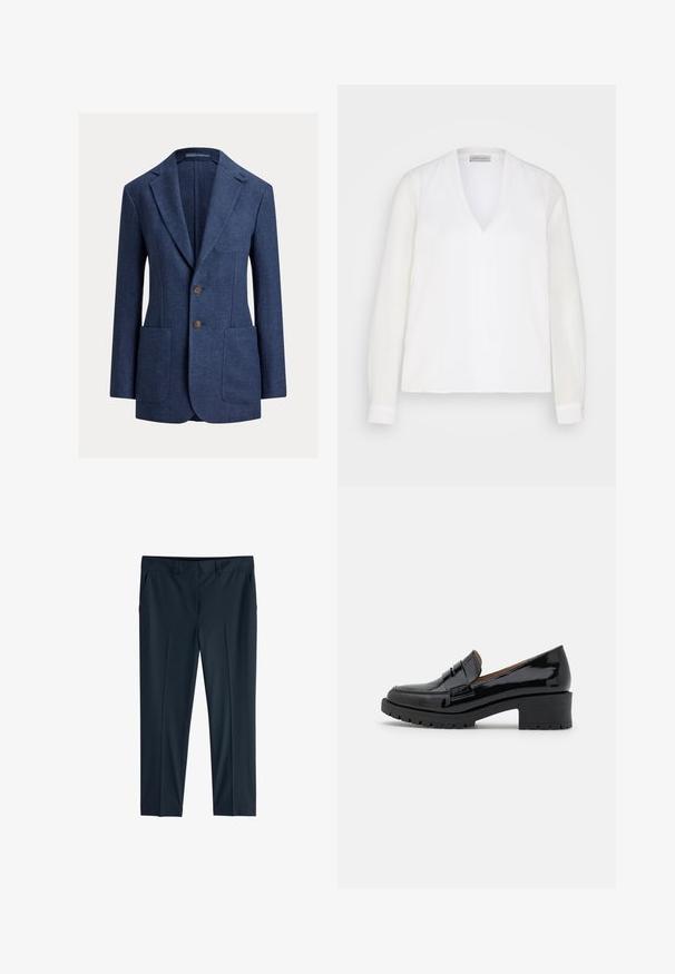Marineblå skræddersyet blazer med notched revers, to forreste knapper, påsyede lommer og en brystlomme, lavet af tekstureret stof.; Hvid langærmet bluse med V-udskæring, der har en glat tekstur og diskrete front sømdetaljer, designet til en afslappet pasform.; Sorte, formelle bukser med lige ben, bæltestropper og forstykker, lagt fladt på en hvid baggrund.; Sorte patenterede lædersko med en lav, chunky hæl, der har en frontrem detail og en tekstureret gummisål for godt greb.