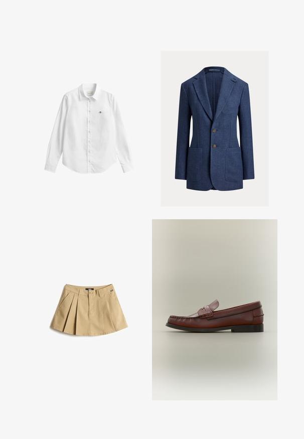 Blazer bleu marine ajusté avec revers crantés, deux boutons devant, poches plaquées et une poche poitrine, en tissu texturé.; Chemise blanche à manches longues avec boutons, fabriquée dans un tissu légèrement texturé. Dotée d'une poche avant avec un petit logo brodé et d'un col classique.; Skort kaki avec plis, en mélange de coton. Comprend une fermeture avant à boutons et des poches latérales. Design simple et fonctionnel.; Mocassin pour homme en cuir marron avec semelle noire et détail de bride décorative, présenté en profil latéral sur un fond neutre.