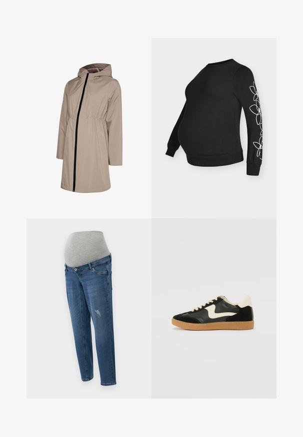 Beige lange regenjas met capuchon, zwarte rits aan de voorkant, elastische taille en zijzakken, afgebeeld tegen een witte achtergrond.; Zwarte sweatshirt met lange mouwen, voorzien van een ronde halslijn en witte bloemenborduursels op de linkermouw. Gemaakt van zachte katoenen stof.; Zwangere jeans in een middelgrote wassing van blauwe denim. Beschikt over een grijze elastische tailleband, vijf zakken en lichte slijtage details aan de voorkant.; Zwarte suède en leren sneaker met een crèmekleurige zij-swoosh en lichte crèmekleurige hiel. Voorzien van beige veters en een gumrubberen zool.