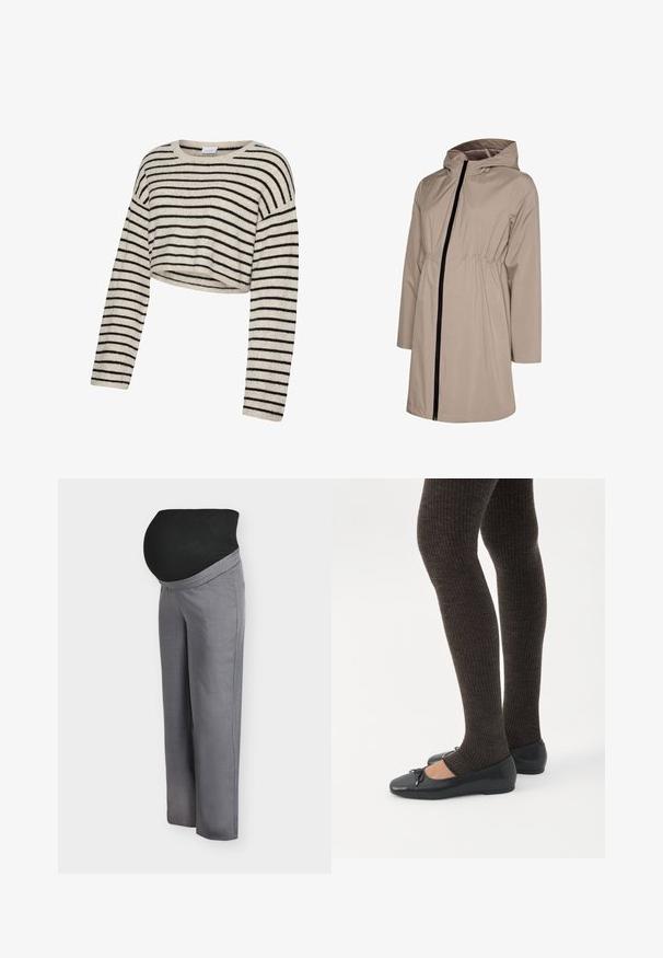 Imperméable long beige avec capuche, fermeture éclair noire à l'avant, détail élastique à la taille et poches latérales, présenté sur fond blanc.; Pull court beige à rayures horizontales noires, manches longues et col rond.; Pantalon de maternité avec une large ceinture noire extensible, tissu gris clair, coupe décontractée et jambes droites, idéal pour le confort pendant la grossesse.; Jambes portant des leggings côtelés foncés associés à des ballerines noires avec de petits détails en nœud sur fond blanc.