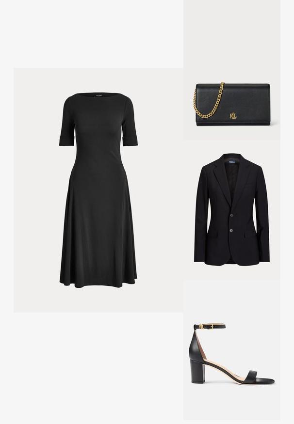 Blazer negro de hombre con dos botones, solapas con muesca, bolsillos con solapa y un bolsillo en el pecho, mostrado sobre un fondo liso.; Vestido midi negro con mangas hasta el codo, cuerpo ajustado, escote barco y falda acampanada.; Lauren Ralph Lauren LOGAN BURNISHED LEATHER SANDAL - Sandalias - black; Cartera de cuero negro con una correa de cadena dorada, que presenta un logotipo dorado en el frente. Diseño minimalista con una textura suave y forma estilizada.