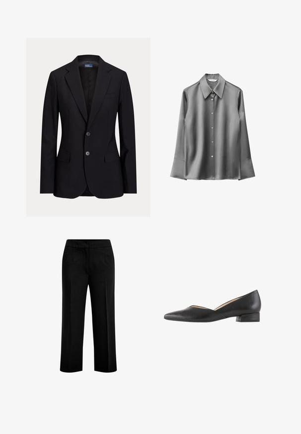 Schwarzer Herrenblazer mit zwei Knöpfen, Stegkragen, Pattentaschen und Brusttasche, auf einfarbigem Hintergrund gezeigt.; Graues Satinlangarmhemd mit spitzem Kragen, Knopfverschluss und ausgestellten Manschetten. Glatte Textur mit dezentem Glanz.; Schwarze, weite Hosen aus glattem Stoff mit zwei vorderen Taschen und einem flachen Bund. Maßgeschneiderter Schnitt mit klarer Silhouette.; Schwarze Leder-Halbschuhe mit niedrigem Absatz, die eine spitze Zehenpartie und ein Ausschnitt-Design an den Seiten aufweisen, was eine elegante Silhouette schafft.