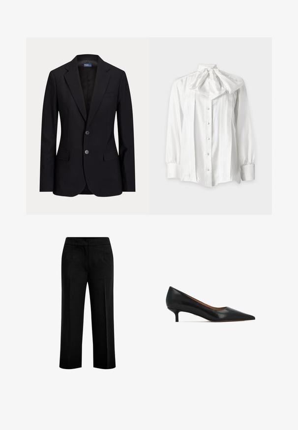 Sort to-knaps herreblazer med notch revers, klaplommer og en brystlomme, vist på ensfarvet baggrund.; Hvid bluse med lange ærmer, frontknapper og en stor bundet sløjfe ved halsen, med plisserede detaljer foran.; Sorte, brede bukser lavet af et glat stof med to forlommer og en flad talje. Skræddersyet design med en ren silhuet.; Sorte læderpumps med spids tå, glat tekstur og lav hæl. Enkelt design uden pynt.