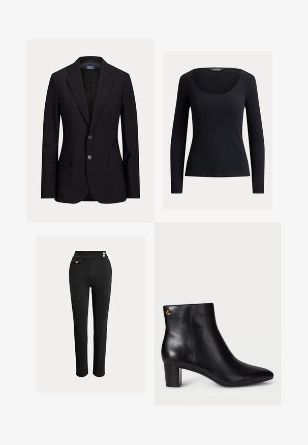 Schwarzer Herrenblazer mit zwei Knöpfen, Stegkragen, Pattentaschen und Brusttasche, auf einfarbigem Hintergrund gezeigt.; Schwarzes geripptes Langarmshirt mit U-Boot-Ausschnitt, taillierter Passform und Lauren Ralph Lauren-Etikett innen am Kragen.; Schwarze, figurbetonte Hose mit hoher Taille, dekorativen goldenen Knöpfen am Bund und einer kleinen Klappentasche auf der rechten Seite.; Schwarze Leder-Stiefelette mit spitzer Zehe und Blockabsatz. Verfügt über ein Gold-Logo-Detail auf der Rückseite. Glatte Textur mit einem eleganten Design.