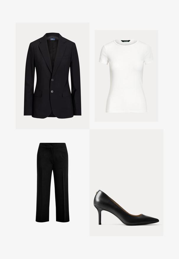Schwarzer Herrenblazer mit zwei Knöpfen, Stegkragen, Pattentaschen und Brusttasche, auf einfarbigem Hintergrund gezeigt.; Schlichtes weißes, figurbetontes T-Shirt mit kurzen Ärmeln und Rundhalsausschnitt sowie einem Lauren Ralph Lauren-Etikett innen im Kragen.; Schwarze, weite Hosen aus glattem Stoff mit zwei vorderen Taschen und einem flachen Bund. Maßgeschneiderter Schnitt mit klarer Silhouette.; Schwarzer Leder-Pumps mit spitzer Zehe und schlankem, mittelhohem Stilettoabsatz auf einfachem hellem Hintergrund.