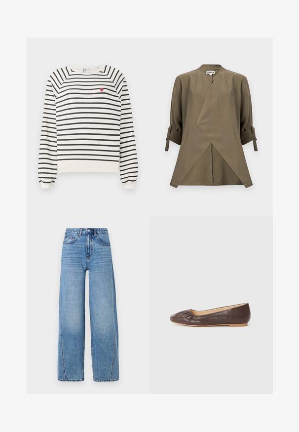 Olivgroene wikkelblouse met driekwartmouwen, verstelbare manchetten met bandje en een lichte V-hals.; Gestreepte sweatshirt in off-white en zwart met raglanmouwen, ronde halslijn en kleine rode hartborduursel op de borst. Zacht materiaal.; Hoge taille, lichtblauwe wijdvallende denim jeans met voorzakken, riemlussen, knoopsluiting en zichtbare stikdetails.; Bruine leren ballerina met een ronde neus, geplooide details aan de voorkant en een platte, lichte zool.