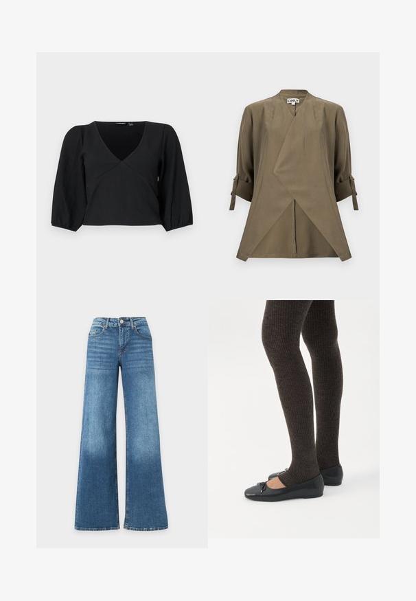 Oliivinvihreä kietaisutyylinen pusero, jossa on kolmivartiset hihat, säädettävät hihansuut ja lievä V-pääntie.; Musta, tekstuuriga pullover, millel on V-kaelus, pikad puffh natüravad varrukad ja mähise stiilis disain.; Siniset korkeavyötäröiset leveälahkeiset farkut, joissa edessä nappi, vetoketjukiinnitys sekä edessä ja takana taskut, valkoisella taustalla esitettynä.; Jalat, joissa tummat ribbineuleiset leggingsit yhdistettynä mustiin balettitossuihin, joissa on pienet rusettikoristeet valkoisella taustalla.