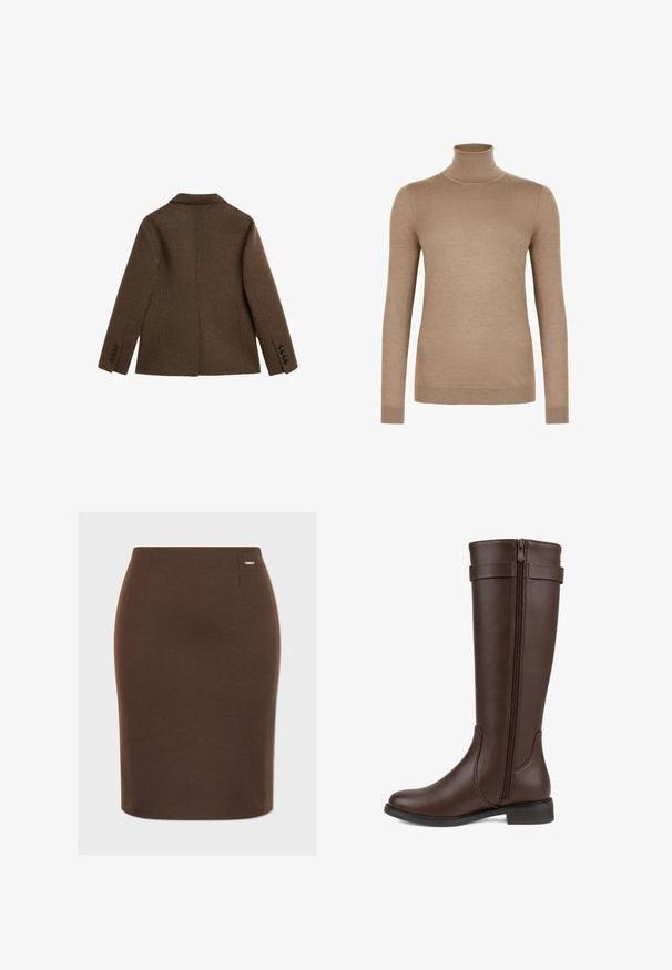 Veste blazer en laine marron vue de dos avec col cranté et poignets boutonnés sur fond blanc.; Pull beige col roulé ajusté à manches longues avec poignets et ourlet côtelés, présenté sur fond blanc.; Jupe crayon marron en tissu extensible avec une texture lisse. Présente une silhouette ajustée et un petit logo métallique en accent sur la ceinture.; Botte d'équitation haute en cuir marron foncé avec fermeture éclair latérale et petit talon empilé, vue de côté gauche sur fond blanc.